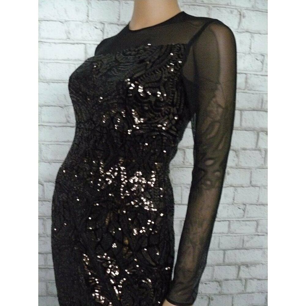 Betsy & Adam Black Velvet Bronze Sequin Long Sleeve Fitted Gown 4 NEW - Picture 9 of 12